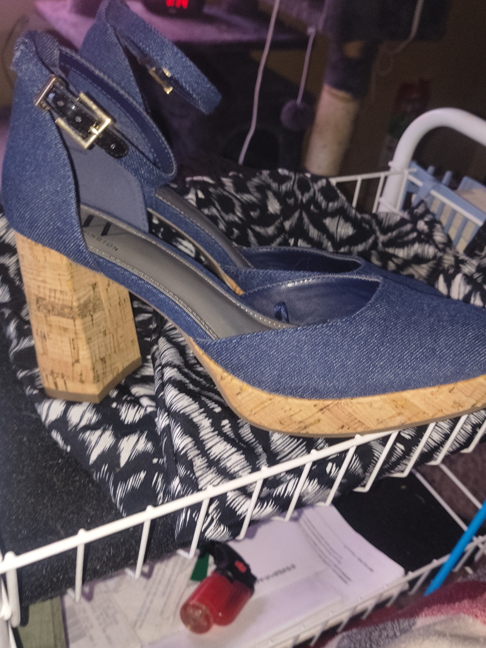 Worthington Denim Panama Heels Cork Block Heel Ankle Strap Pumps Size 8 - Picture 2 of 3